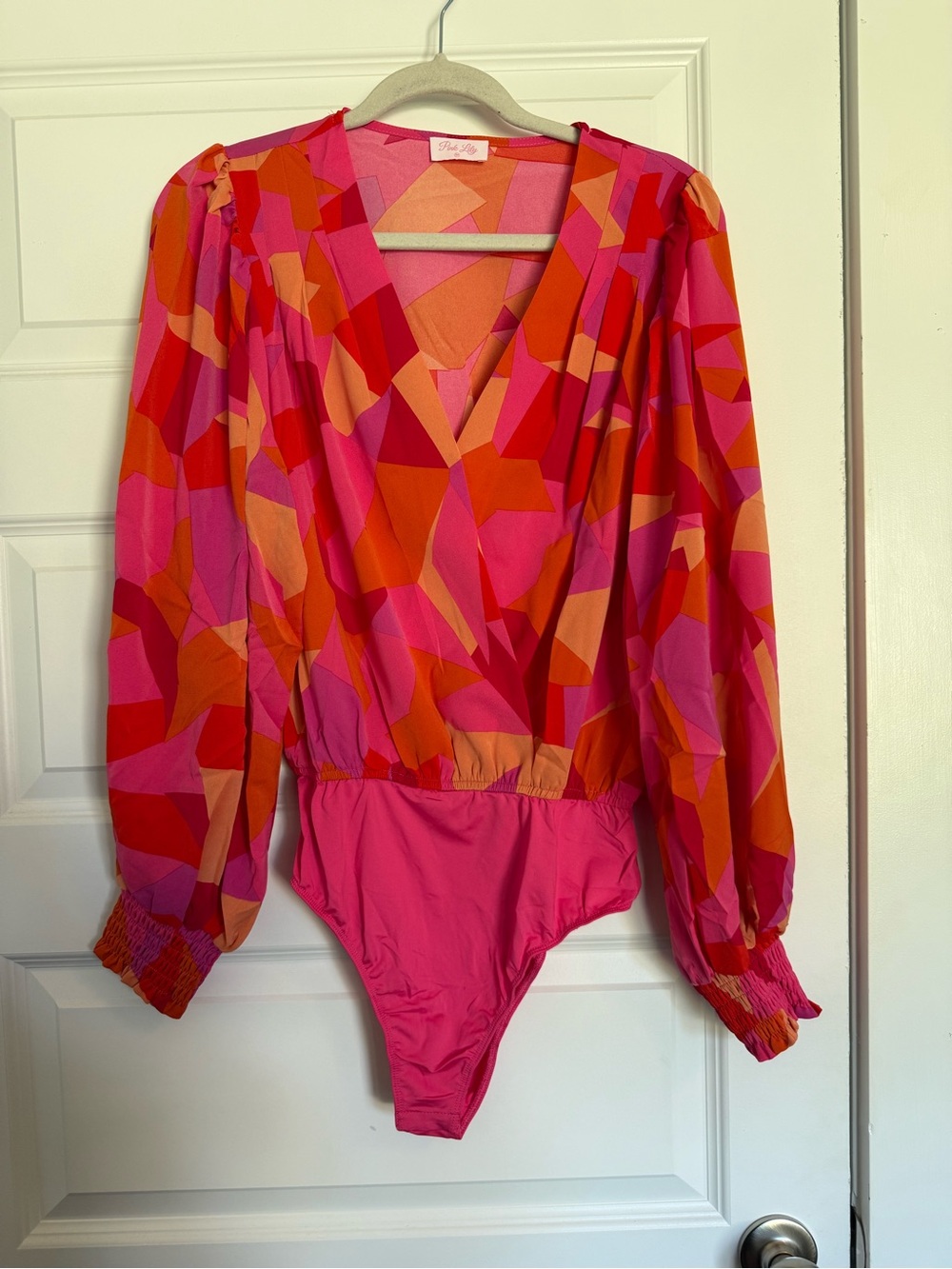NWT- Pink Lily- Pink/Orange Printed Long Sleeve Bodysuit- Size Medium